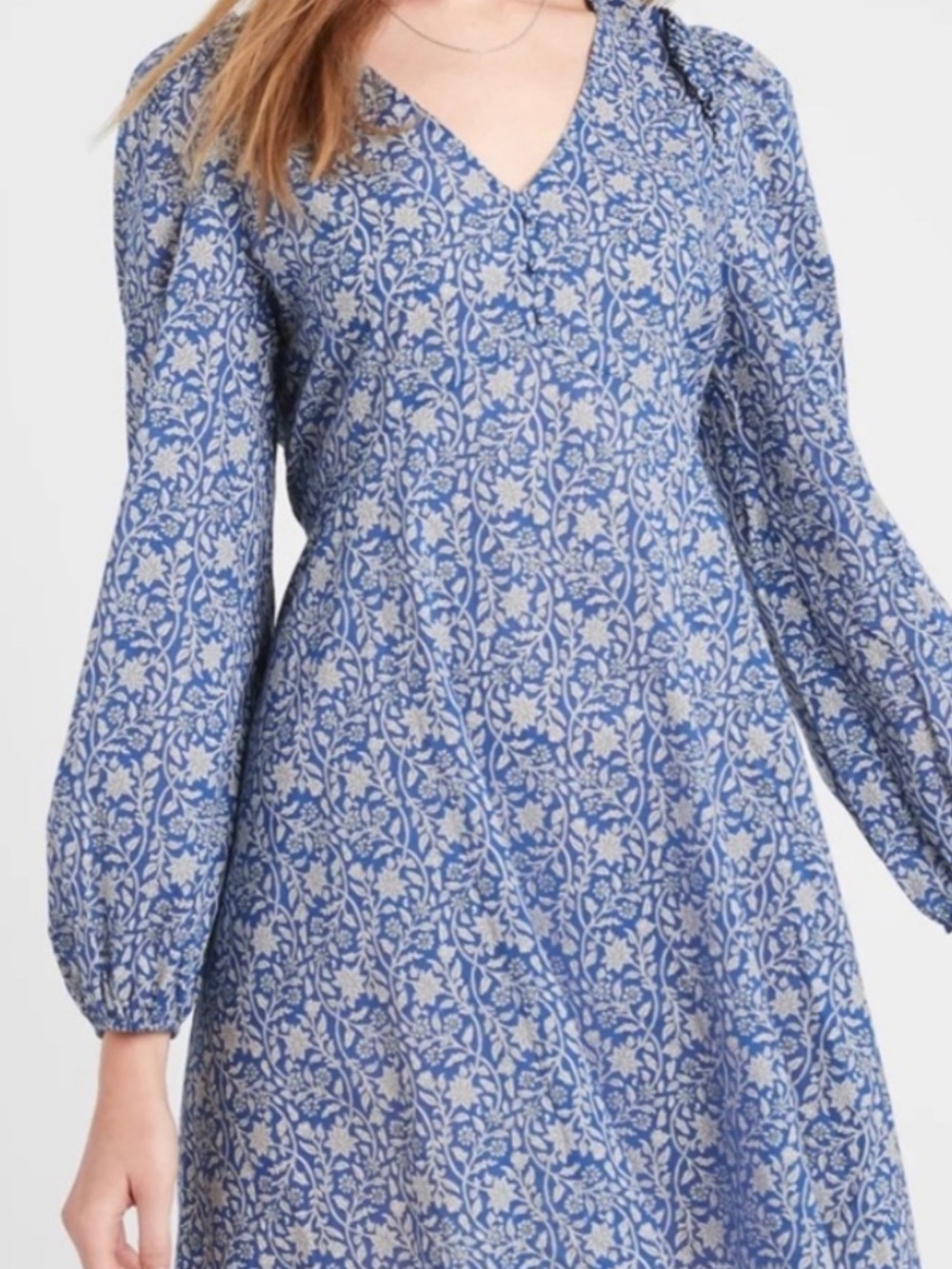 Banana Republic Blue Floral V-Neck Long-Sleeve Women's Dress